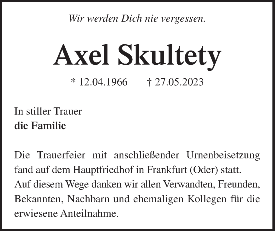 Traueranzeige von Axel Skultety von Märkische Oderzeitung