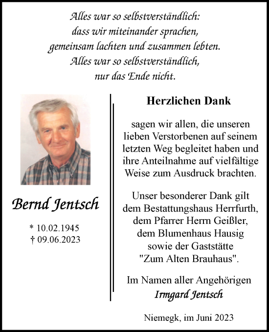 Traueranzeige von Bernd Jentsch von Märkische Oderzeitung