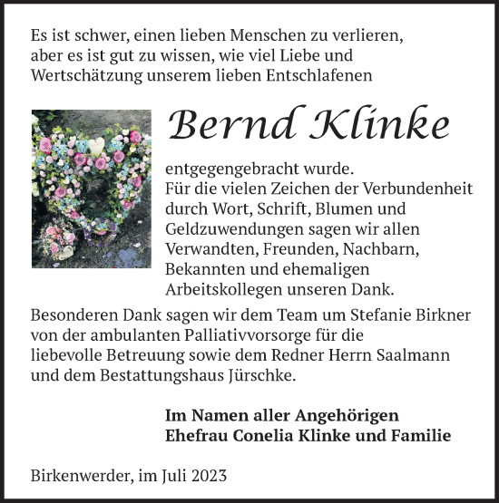 Traueranzeige von Bernd Klinke von Märkische Oderzeitung