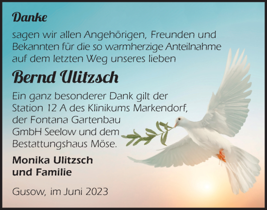 Traueranzeige von Bernd Ulitzsch von Märkische Oderzeitung