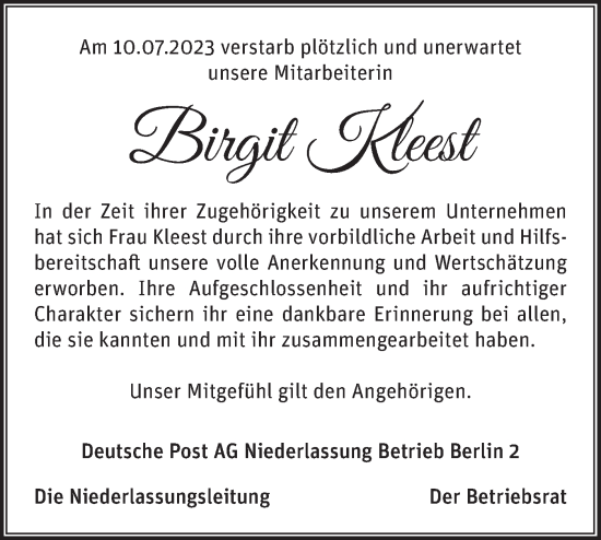 Traueranzeige von Birgit Kleest von Märkische Oderzeitung