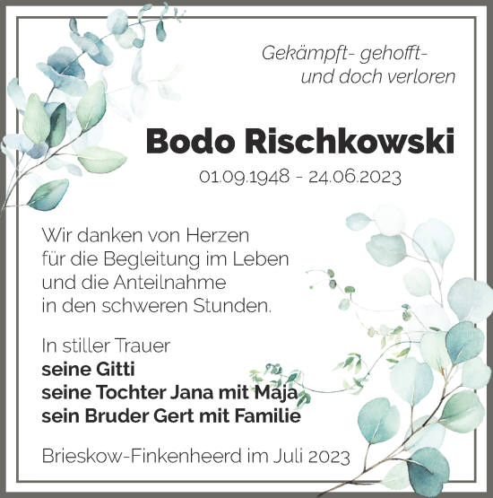 Traueranzeige von Bodo Rischkowski von Märkische Oderzeitung