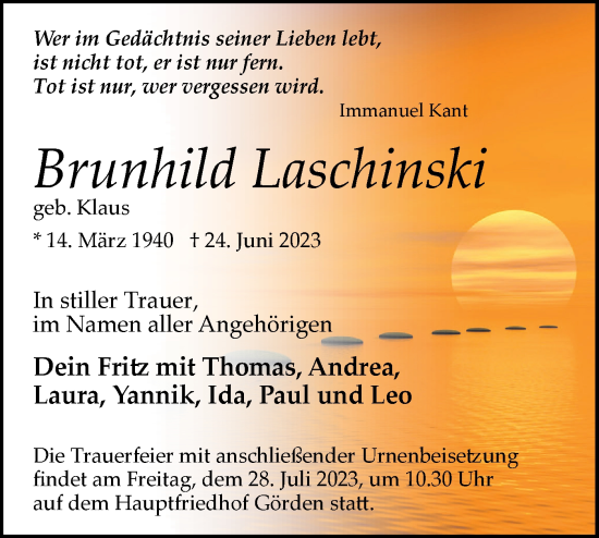 Traueranzeige von Brunhild Laschinski von Märkische Oderzeitung