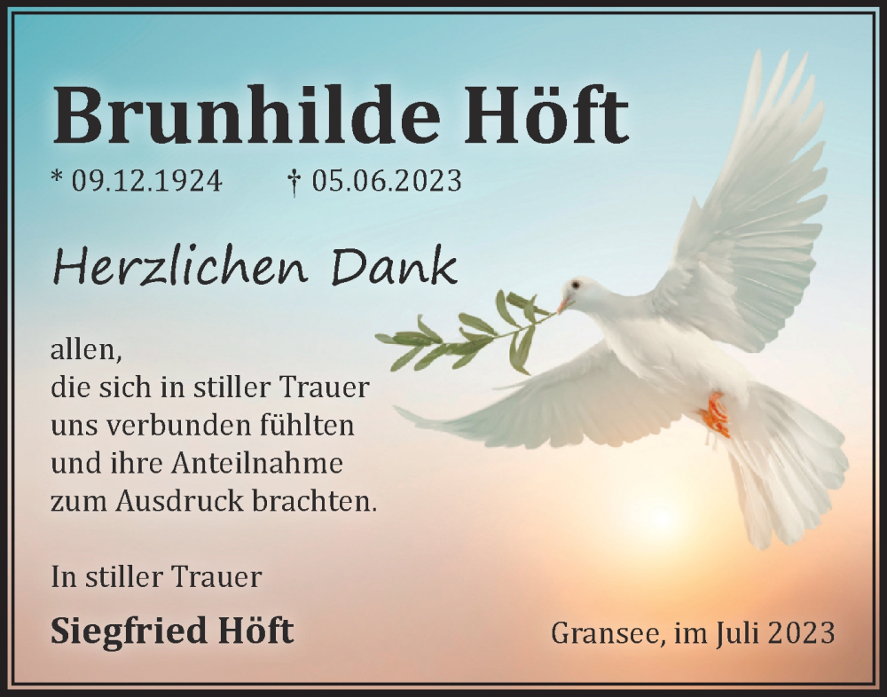  Traueranzeige für Brunhilde Höft vom 08.07.2023 aus Märkische Oderzeitung