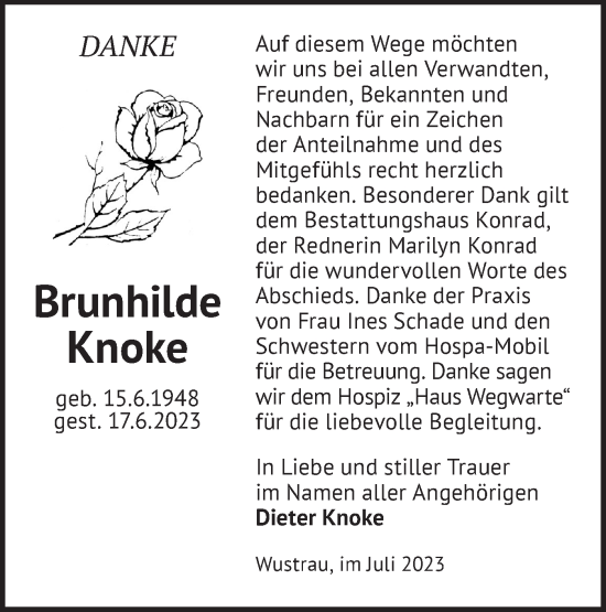 Traueranzeige von Brunhilde Knoke von Märkische Oderzeitung