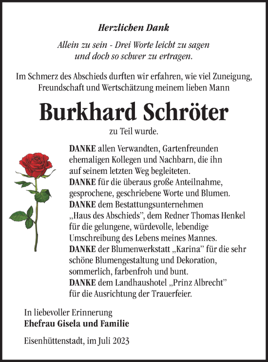 Traueranzeige von Burkhard Schröter von Märkische Oderzeitung