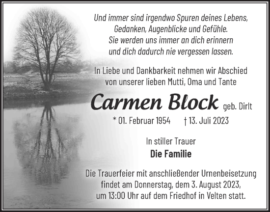 Traueranzeige von Carmen Block von Märkische Oderzeitung