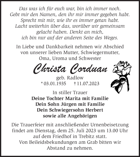 Traueranzeige von Christa Corduan von Märkische Oderzeitung