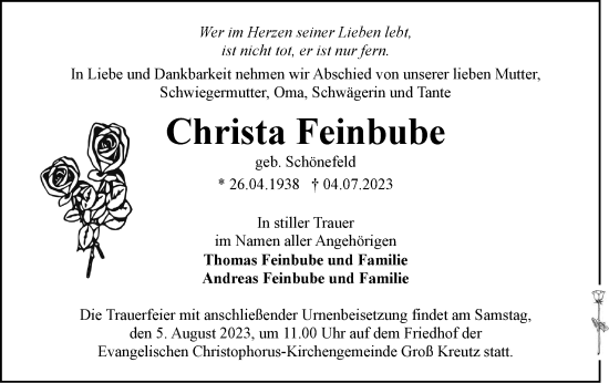 Traueranzeige von Christa Feinbube von Märkische Oderzeitung