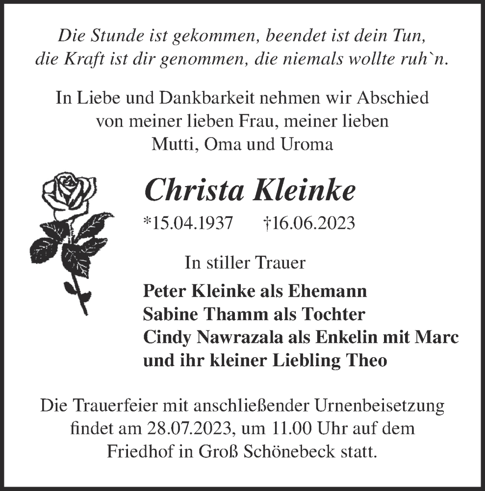 Traueranzeigen Von Christa Kleinke Märkische Onlinezeitung Trauerportal 