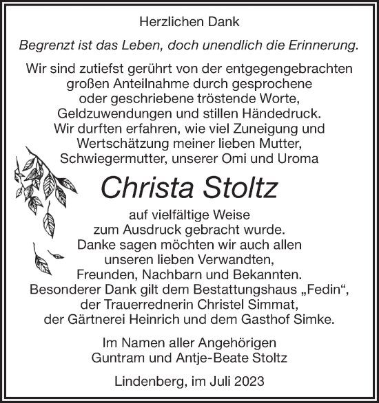 Traueranzeige von Christa Stoltz von Märkische Oderzeitung