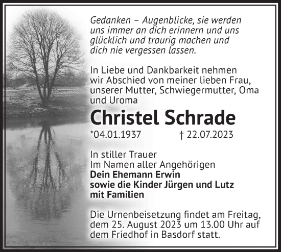 Traueranzeige von Christel Schrade von Märkische Oderzeitung