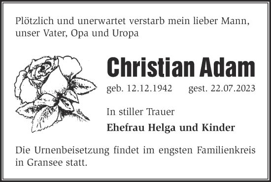 Traueranzeige von Christian Adam von Märkische Oderzeitung