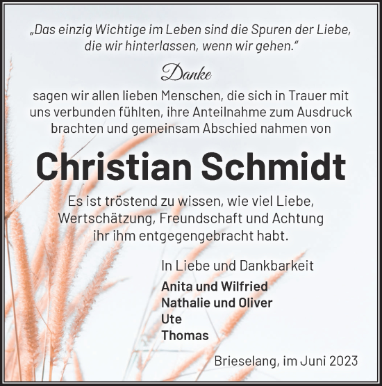 Traueranzeige von Christian Schmidt von Märkische Oderzeitung