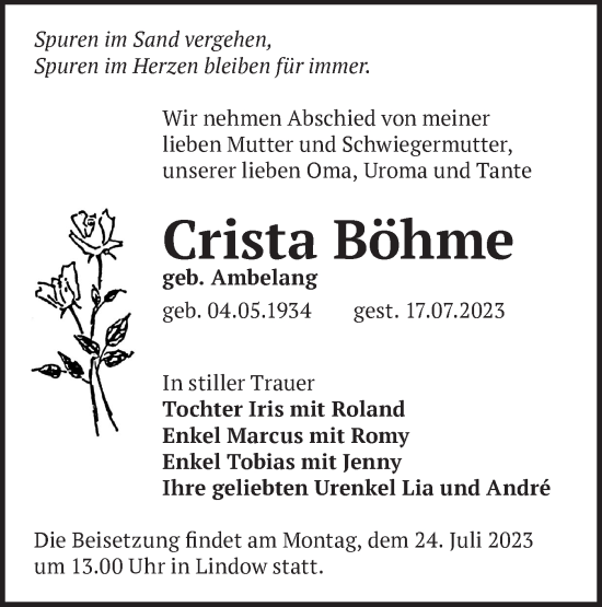 Traueranzeige von Crista Böhme von Märkische Oderzeitung