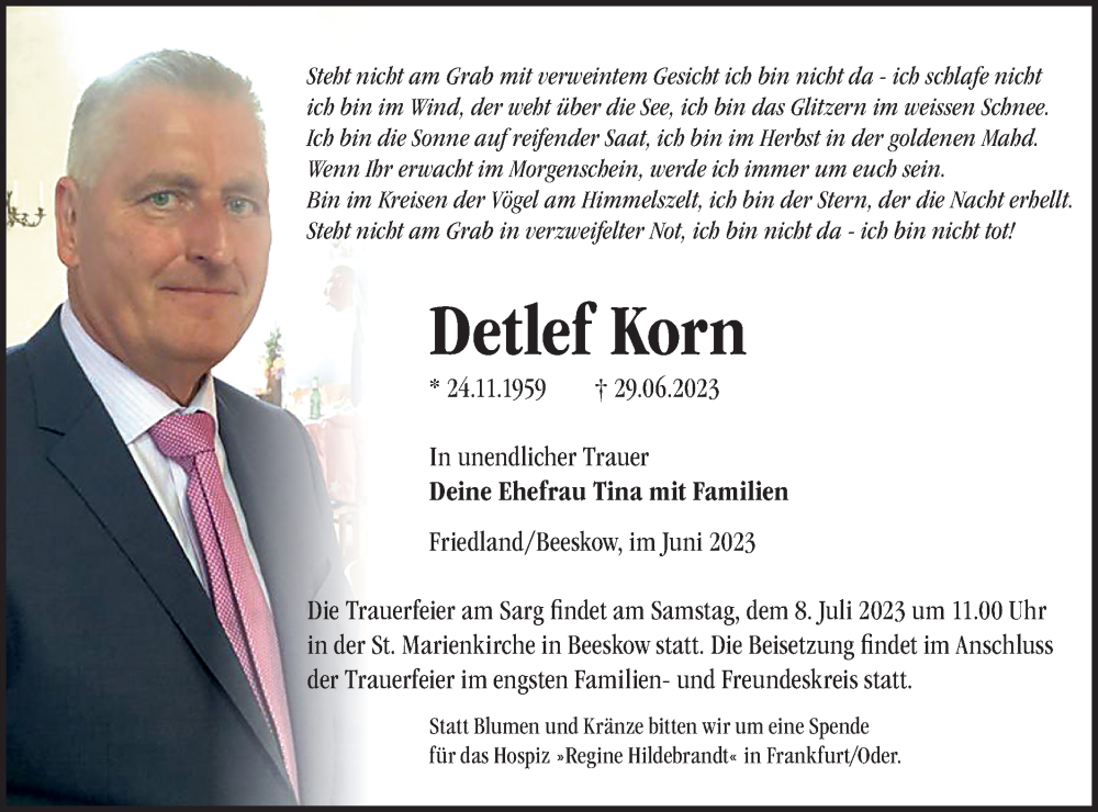  Traueranzeige für Detlef Korn vom 04.07.2023 aus Märkische Oderzeitung