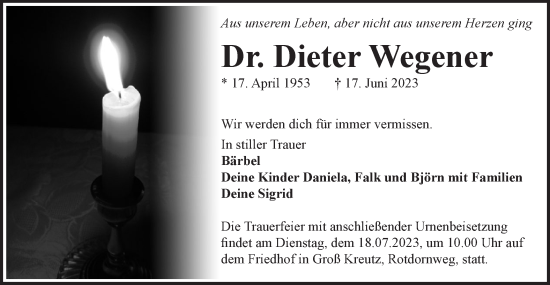 Traueranzeige von Dieter Wegener von Märkische Oderzeitung