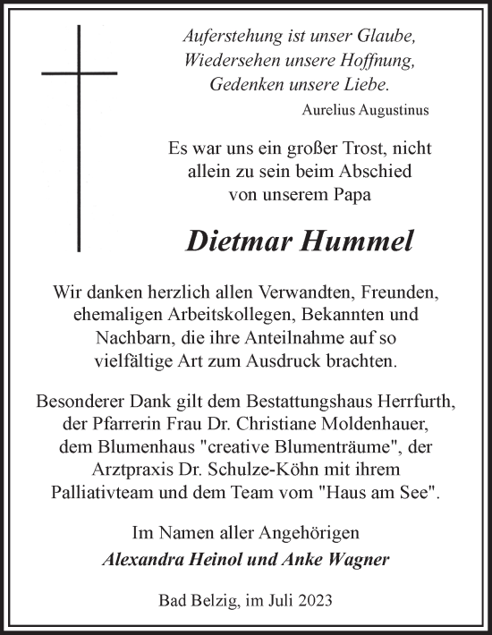 Traueranzeige von Dietmar Hummel von Märkische Oderzeitung