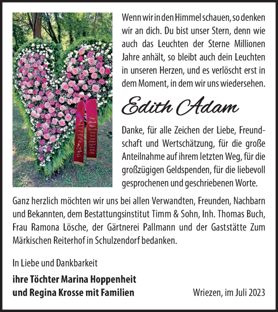 Traueranzeige von Edith Adam von Märkische Oderzeitung