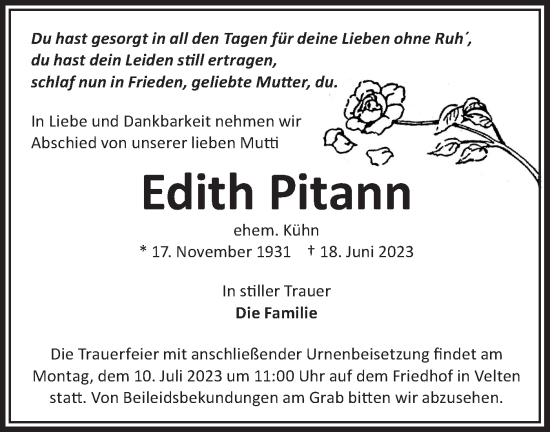 Traueranzeige von Edith Pitann von Märkische Oderzeitung