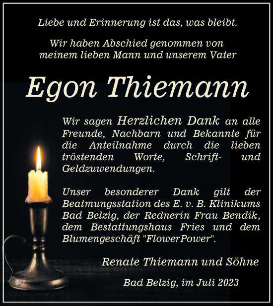 Traueranzeige von Egon Thiemann von Märkische Oderzeitung