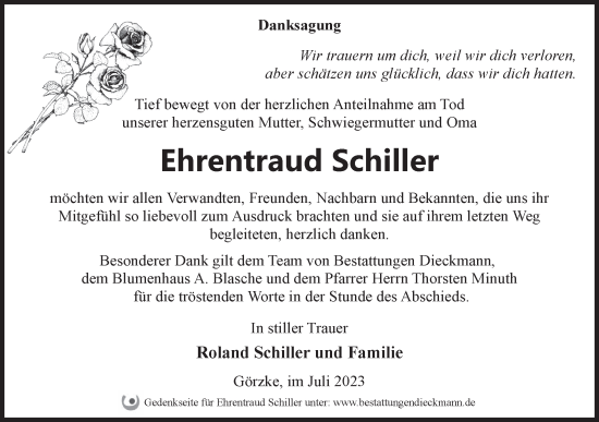 Traueranzeige von Ehrentraud Schiller von Märkische Oderzeitung