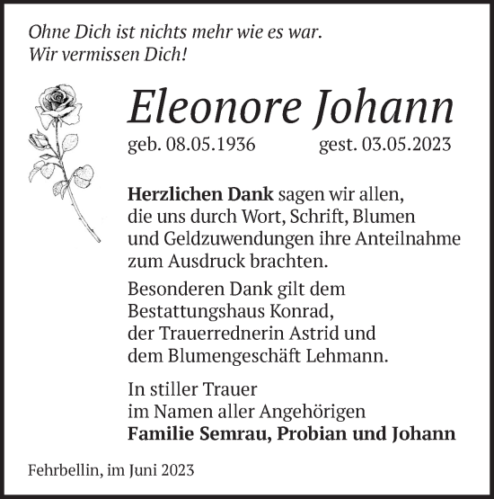 Traueranzeige von Eleonore Johann von Märkische Oderzeitung