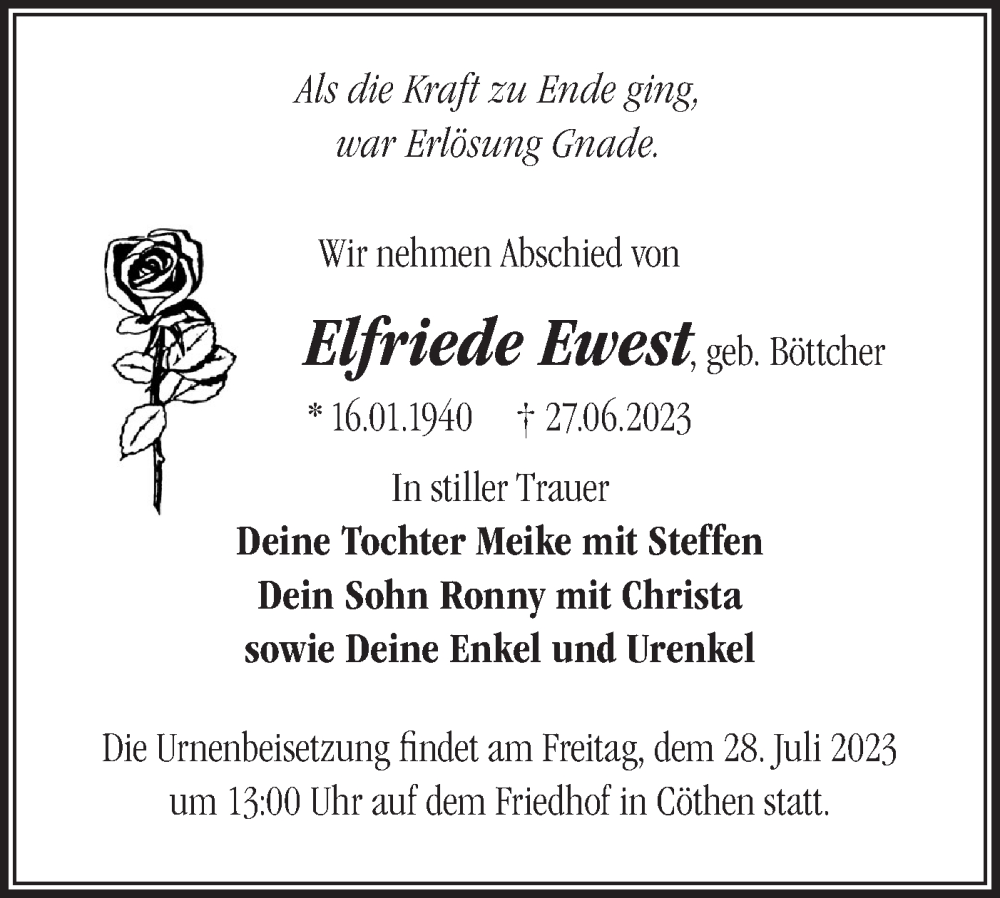  Traueranzeige für Elfriede Ewest vom 15.07.2023 aus Märkische Oderzeitung