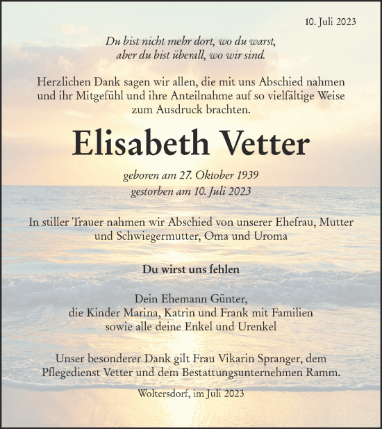 Traueranzeige von Elisabeth Vetter von Märkische Oderzeitung