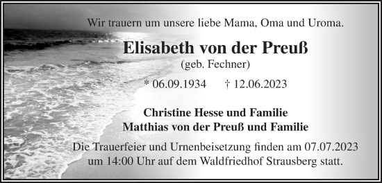 Traueranzeige von Elisabeth von der Preuß von Märkische Oderzeitung