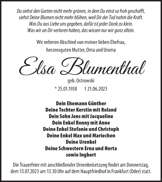 Traueranzeige von Elsa Blumenthal von Märkische Oderzeitung