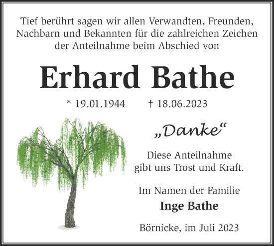 Traueranzeige von Erhard Bathe von Märkische Oderzeitung