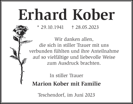 Traueranzeige von Erhard Kober von Märkische Oderzeitung