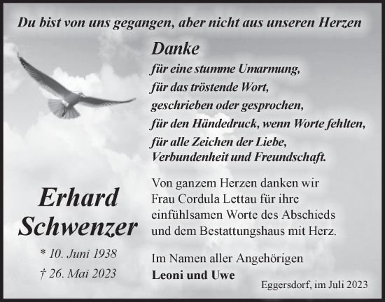 Traueranzeige von Erhard Schwenzer von Märkische Oderzeitung