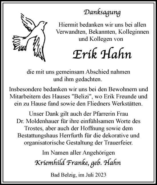 Traueranzeige von Erik Hahn von Märkische Oderzeitung