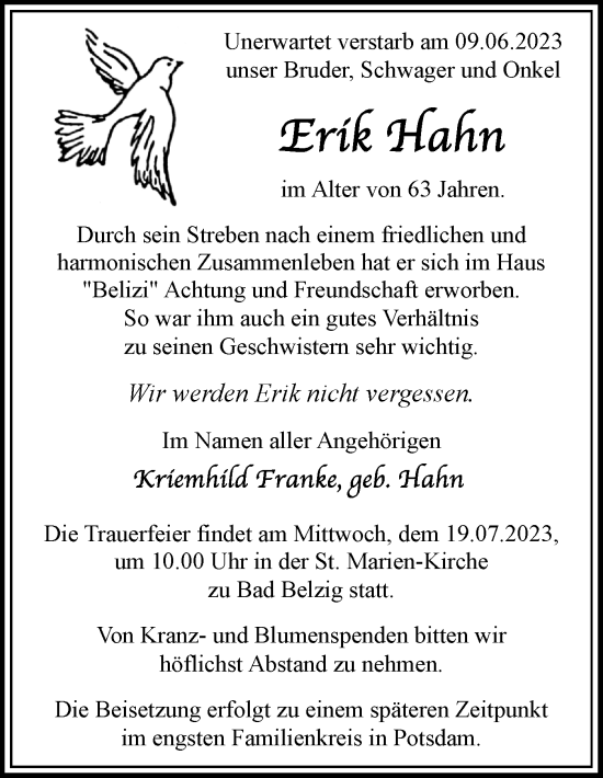 Traueranzeige von Erik Hahn von Märkische Oderzeitung