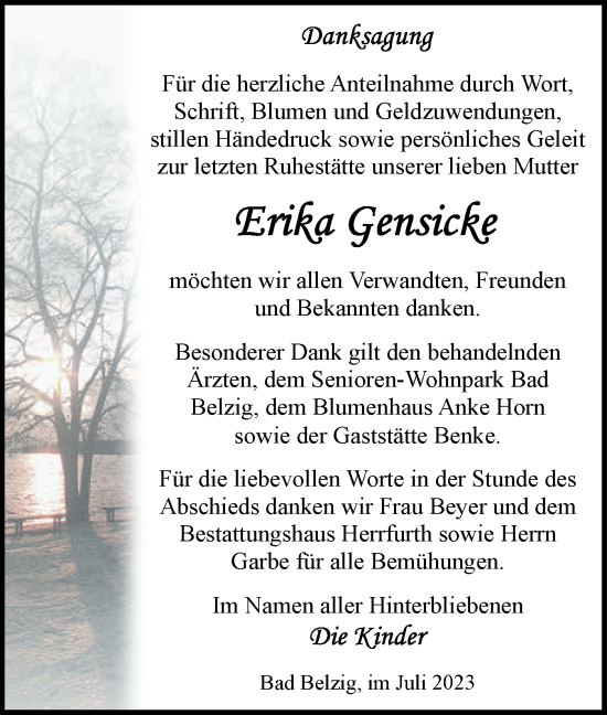 Traueranzeige von Erika Gensicke von Märkische Oderzeitung