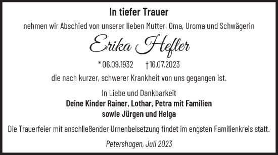 Traueranzeige von Erika Hefter von Märkische Oderzeitung