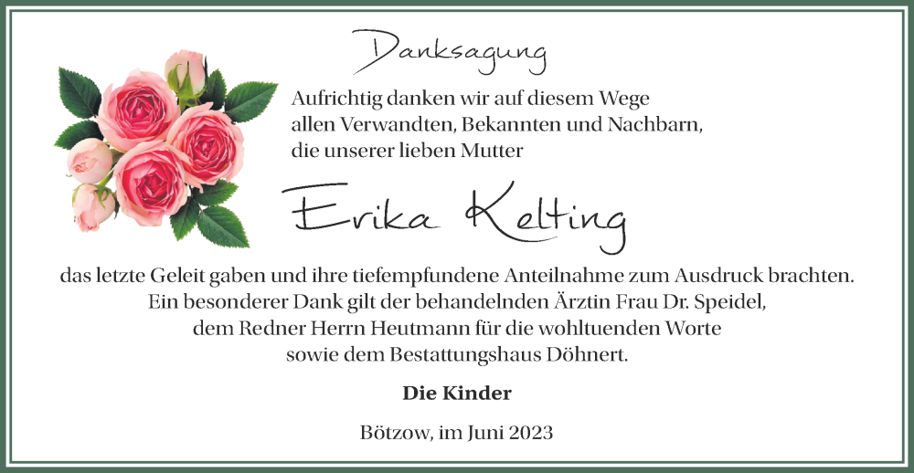  Traueranzeige für Erika Kelting vom 01.07.2023 aus Märkische Oderzeitung