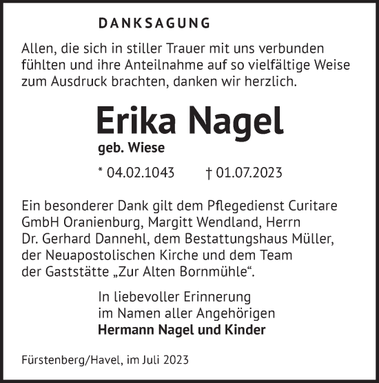 Traueranzeige von Erika Nagel von Märkische Oderzeitung