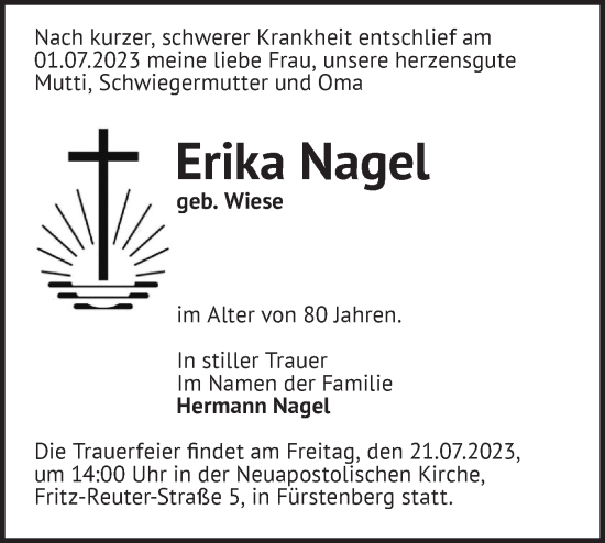 Traueranzeige von Erika Nagel von Märkische Oderzeitung