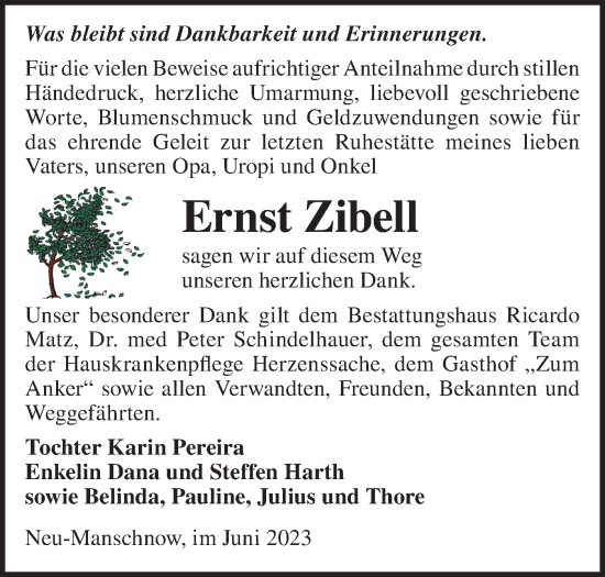 Traueranzeige von Ernst Zibell von Märkische Oderzeitung