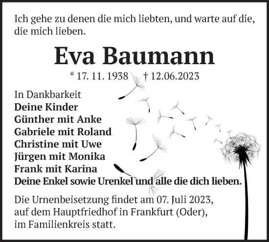 Traueranzeige von Eva Baumann von Märkische Oderzeitung