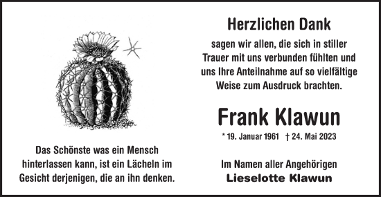 Traueranzeige von Frank Klawun von Märkische Oderzeitung