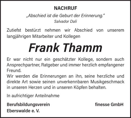 Traueranzeige von Frank Thamm von Märkische Oderzeitung