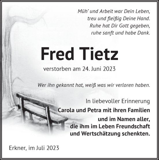 Traueranzeige von Fred Tietz von Märkische Oderzeitung