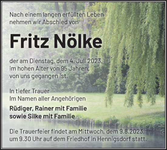 Traueranzeige von Fritz Nölke von Märkische Oderzeitung