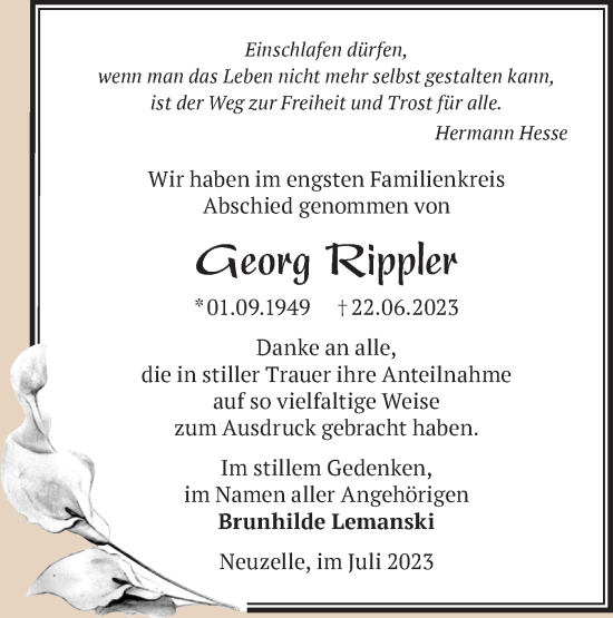 Traueranzeige von Georg Rippler von Märkische Oderzeitung