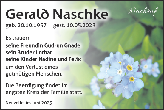 Traueranzeige von Gerald Naschke von Märkische Oderzeitung