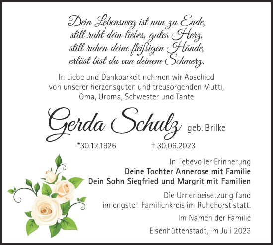 Traueranzeige von Gerda Schulz von Märkische Oderzeitung